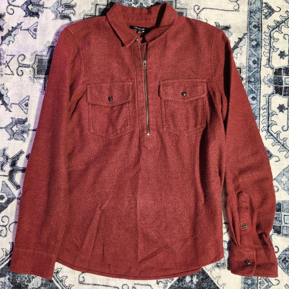 Madewell Red Zip Up Top with Stand Up Collar and Long Sleeves